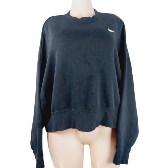 Nike Swoosh Women’s Black White Crewneck Pullover Cropped Sweatshirt Size L - Picture 1 of 9